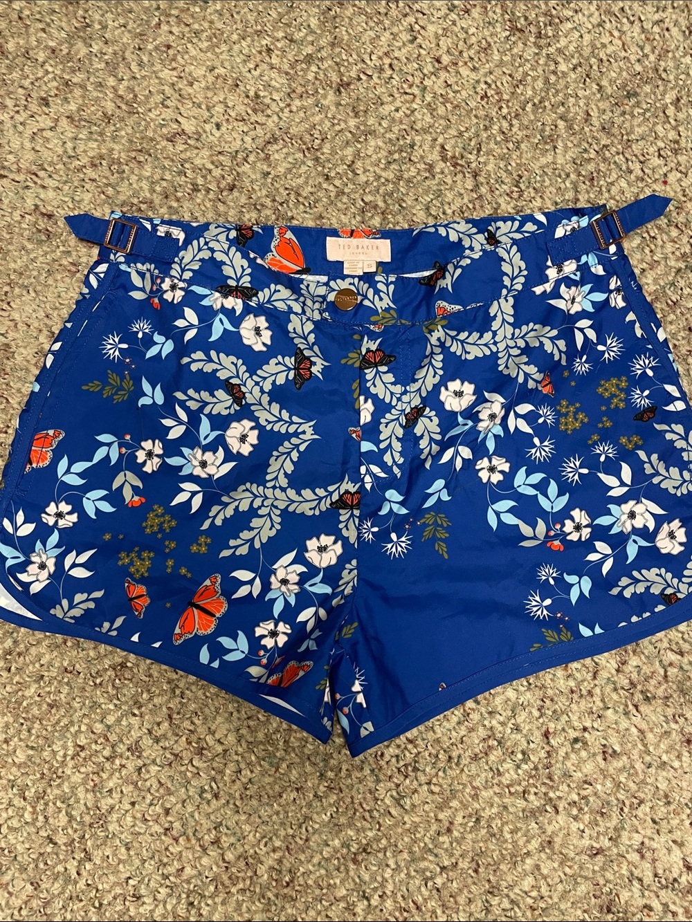 Ted Baker Royal Blue Floral & Orange Butterfly Athletic Shorts- new